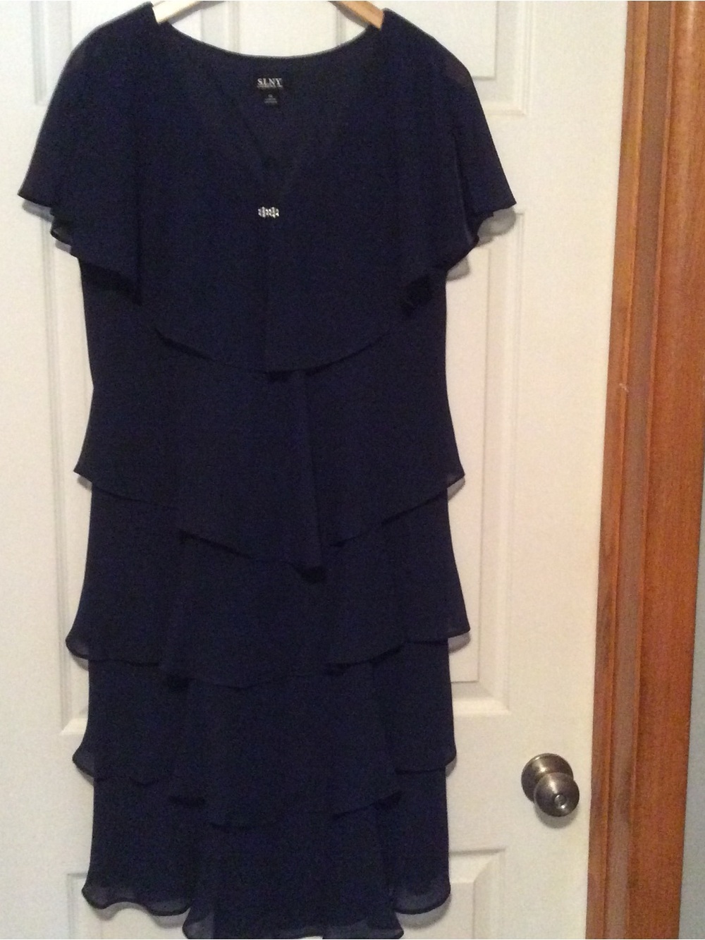 SLNY Navy Tiered Ruffle Midi Dress